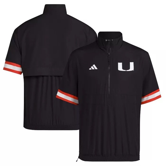 Adidas Men Black Miami Hurricanes NCAA Strategy Short Sleeve Half-Zip Jacket XL - Picture 1 of 10